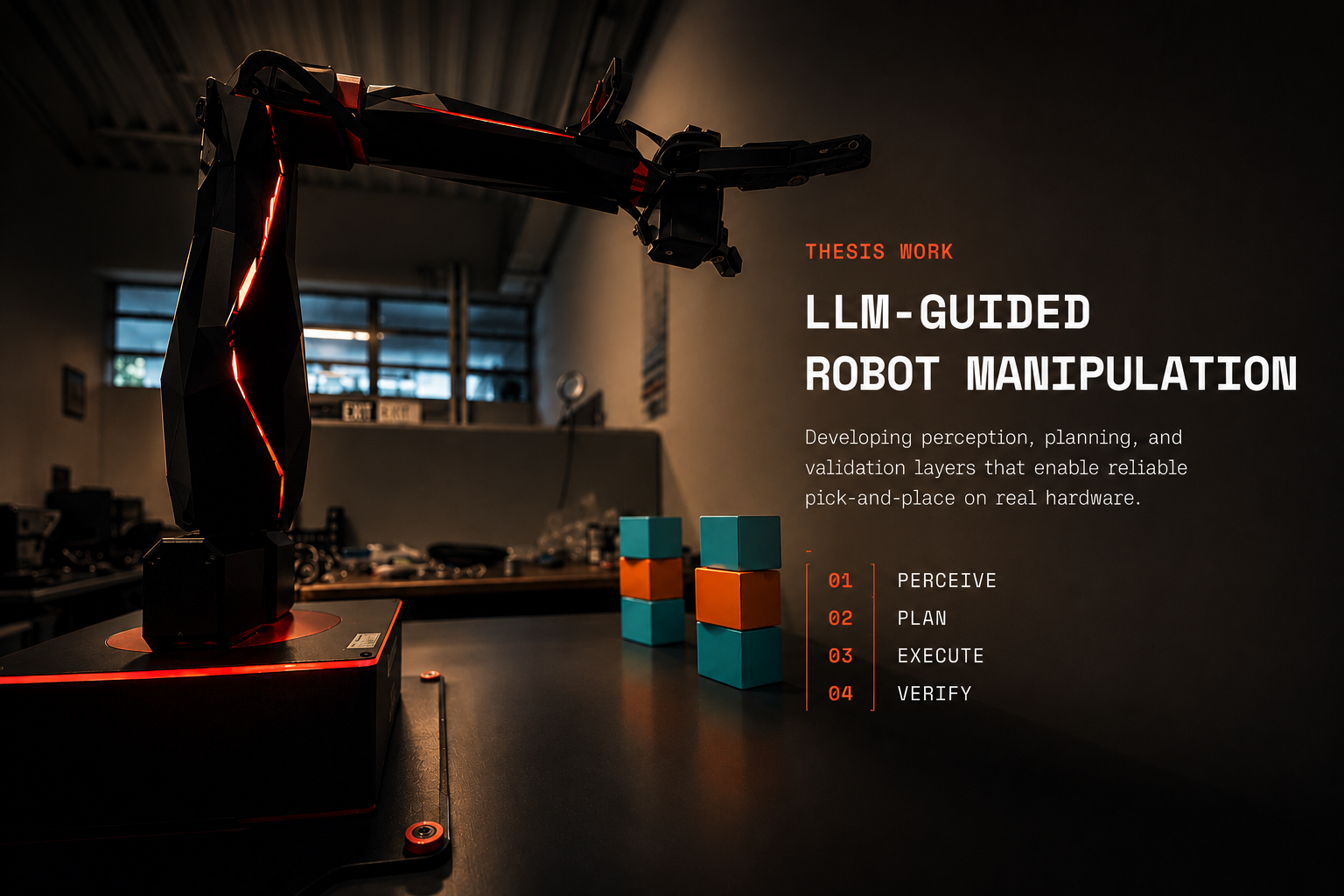 Cinematic thesis title image for LLM-guided robot manipulation on the Quanser QArm